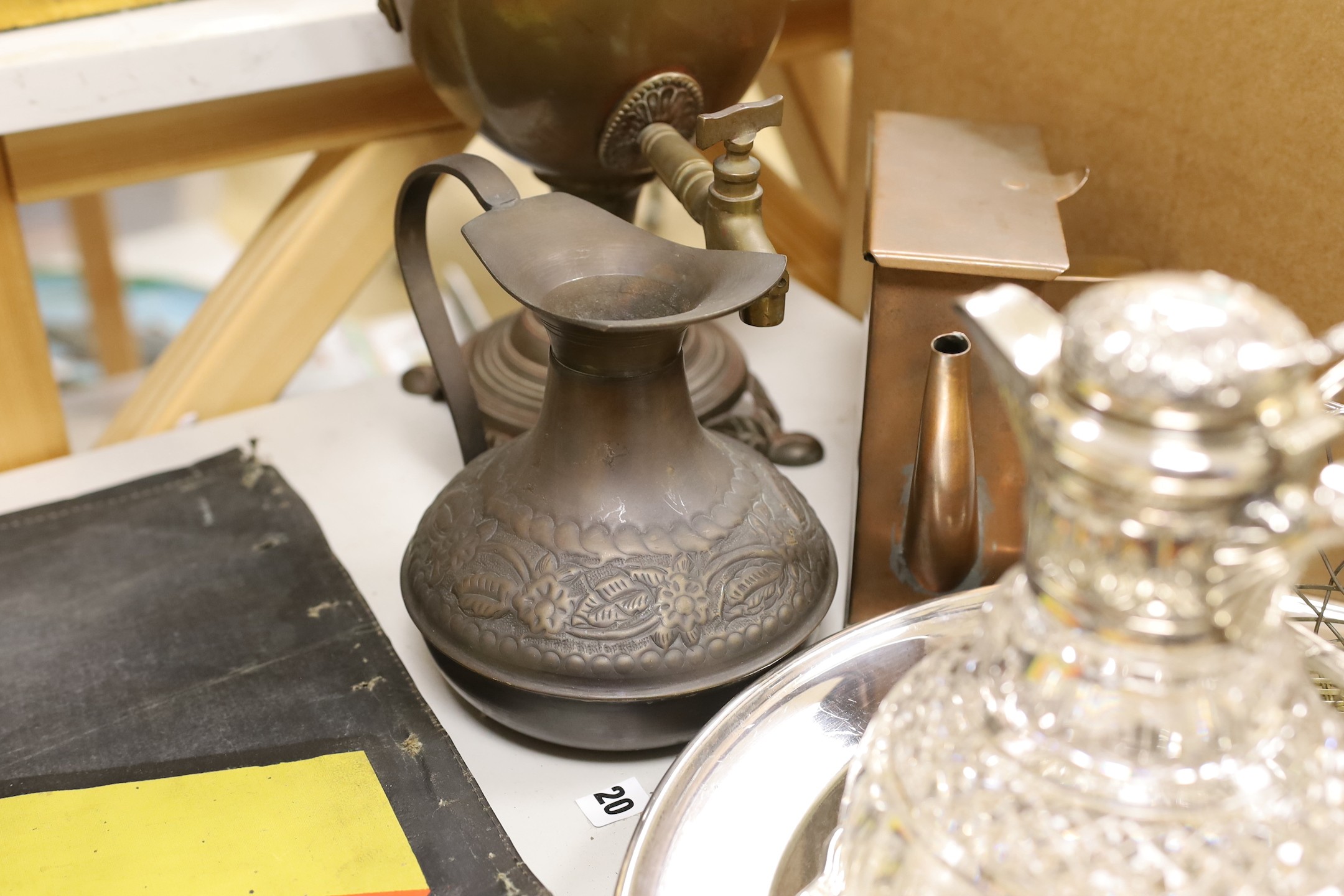 Mixed silver plate including tray, jug etc. and other metalware